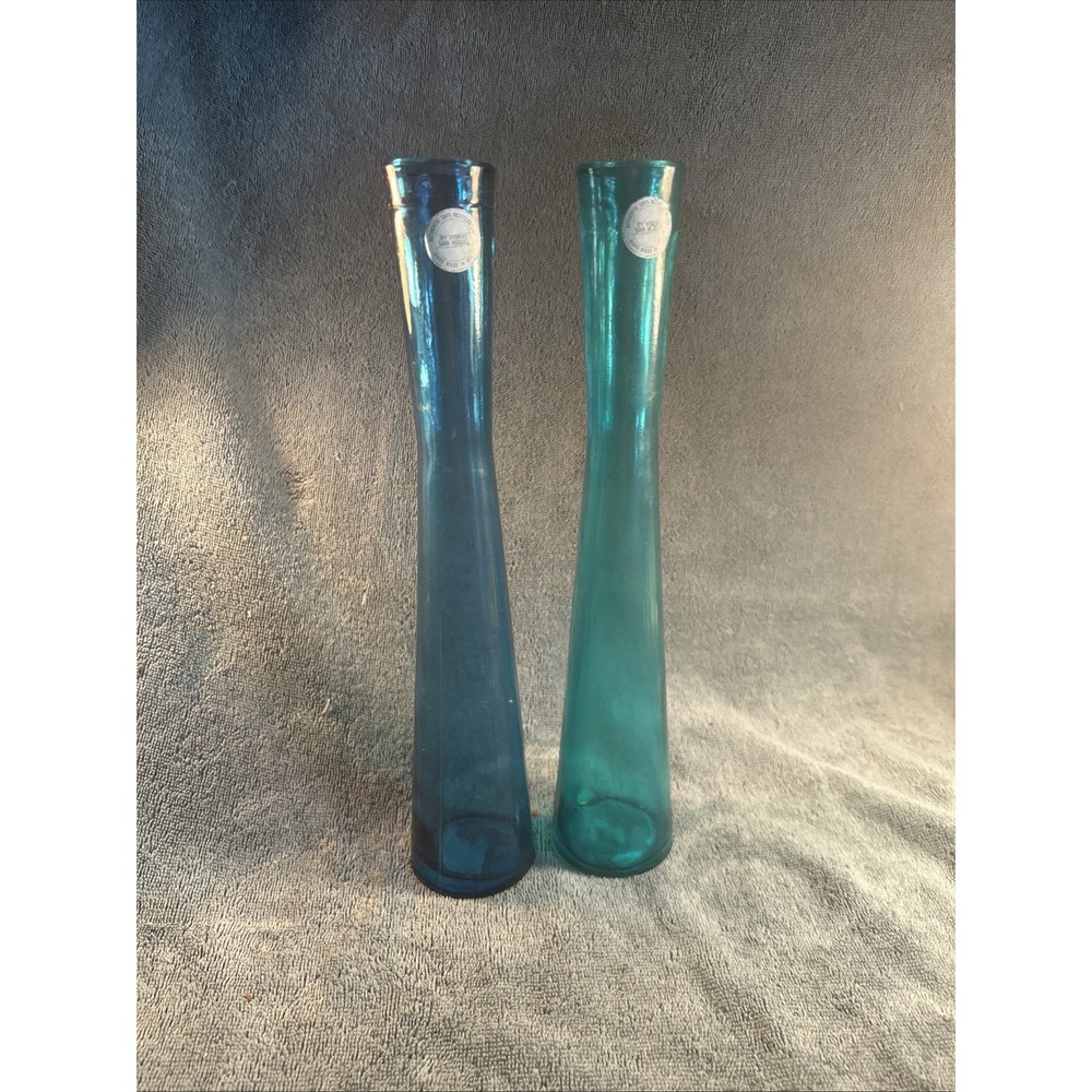2 Vidrios San Miguel Made In Spain Tall‎ Blue And Teal Recycled Glass Bud Vase